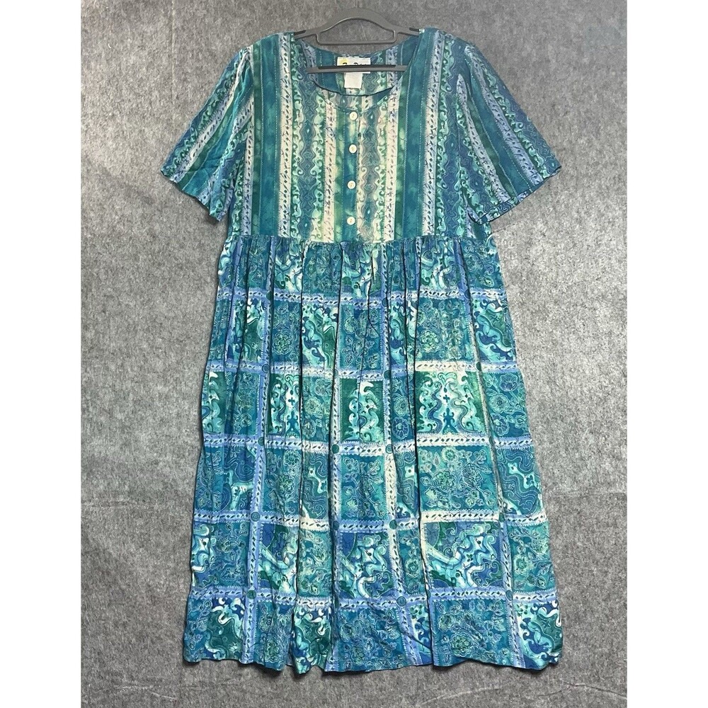 Vintage Dress Womens Large Blue Geometric Upcycled Artsy Boho Whimsy House Dress